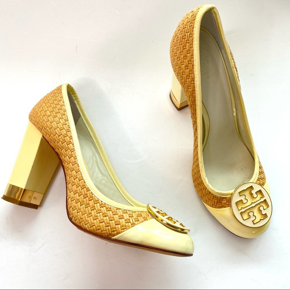 Tory Burch Anna Raffia Logo Woven Patent Leather Pumps Size 8.5 - Picture 2 of 9